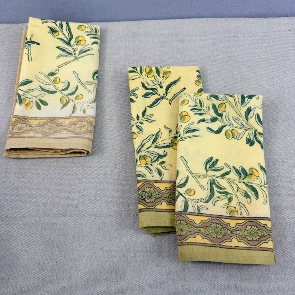 Set of 3 Couleur Nature Bruno Lamy Olive Branch Napkins Yellow Green 19"
